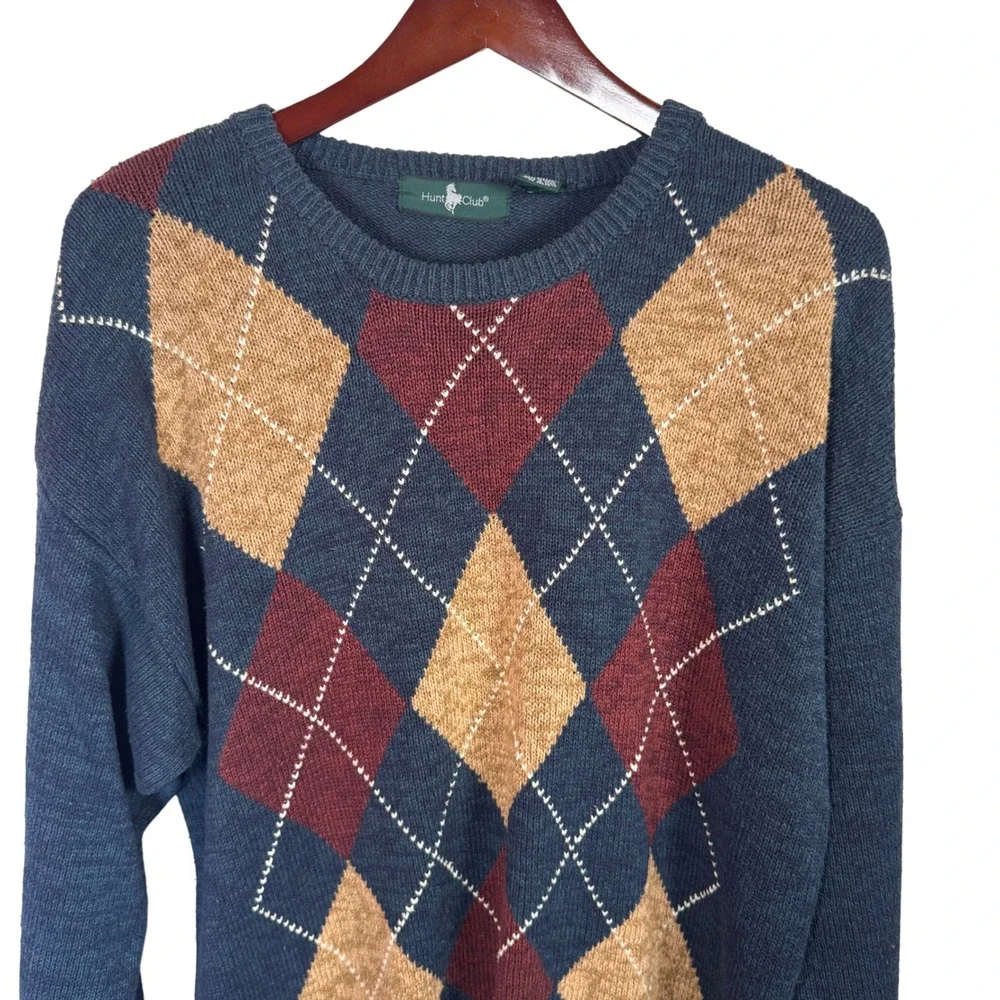 Vintage Hunt Club Argyle Sweater Crew Neck Silk Blend Size Large Dark‎ Academia
